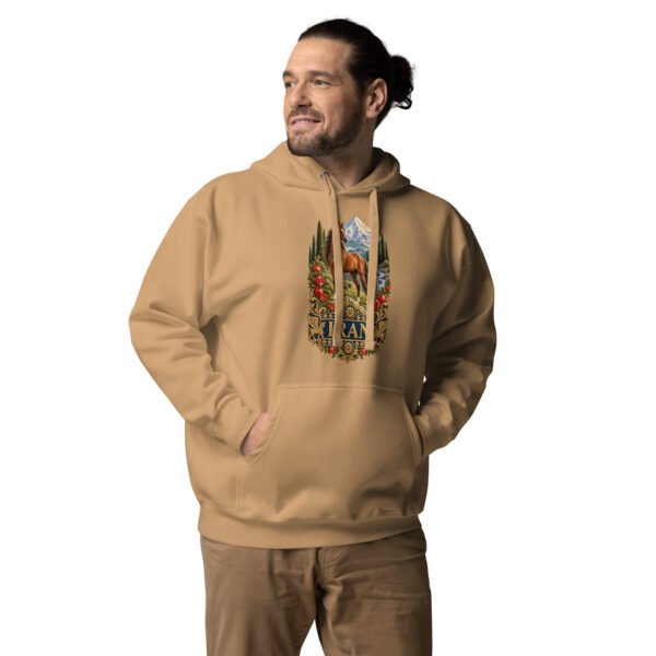 Khaki Silk Road Iran unisex hoodie with Iranian horse in the mountains design, front view