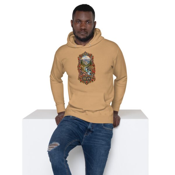 Khaki Simurgh Iran unisex hoodie with mountain valley with a stream, cypress trees and pomegranates design, front view