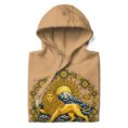 Khaki Lion and Sun Damavand unisex hoodie, front with golden Lion and Sun with Mount Damavand design