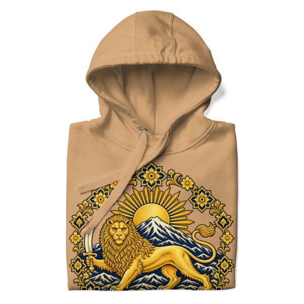 Khaki Lion and Sun Damavand unisex hoodie, front with golden Lion and Sun with Mount Damavand design