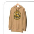 Khaki Lion and Sun Damavand unisex hoodie, front with golden Lion and Sun with Mount Damavand design