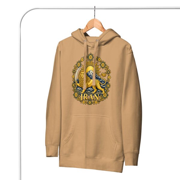 Khaki Lion and Sun Damavand unisex hoodie, front with golden Lion and Sun with Mount Damavand design