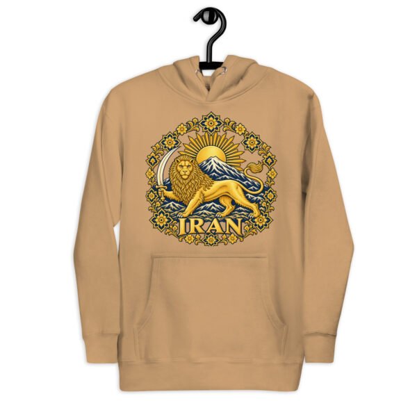 Khaki Lion and Sun Map of Iran unisex hoodie, front with Lion and Sun medallion design