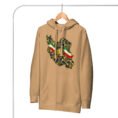 Khaki Iran Lion and Sun Flag unisex hoodie, front with map of Iran with tricolor ribbon and Lion and Sun design