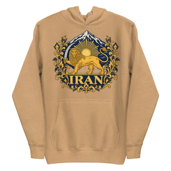 Khaki Lion and Sun Flag unisex hoodie, front with golden Lion and Sun crest with Damavand design
