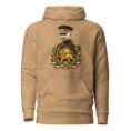 Khaki Reza Shah Lion and Sun unisex hoodie, front with Reza Shah portrait with Lion and Sun crest design