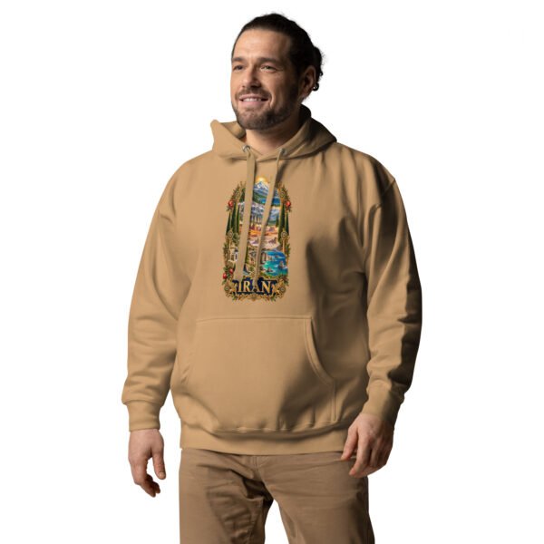 Khaki Tomb of Cyrus Iran unisex hoodie with panorama of Iran’s mountains, lakes, deserts and sea design, front view