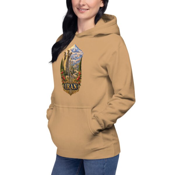 Khaki Persian Garden Iran unisex hoodie with ancient Persian columns before snowy mountains design, front view