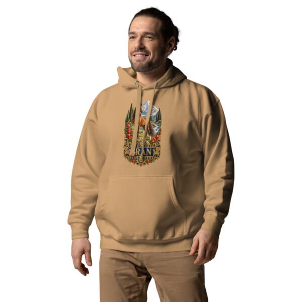 Khaki Silk Road Iran unisex hoodie with Iranian horse in the mountains design, front view