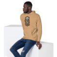 Khaki Simurgh Iran unisex hoodie with mountain valley with a stream, cypress trees and pomegranates design, front view