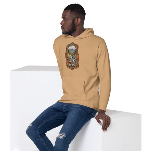 Khaki Simurgh Iran unisex hoodie with mountain valley with a stream, cypress trees and pomegranates design, front view