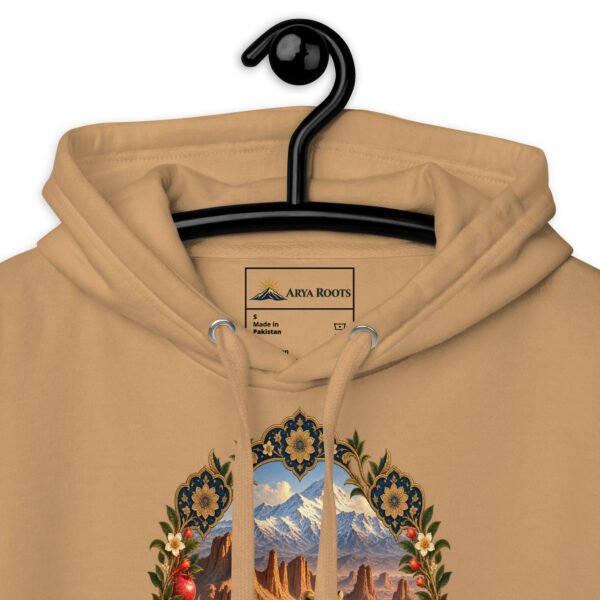 Khaki Iranian Cheetah unisex hoodie with Iranian cheetah in a desert canyon design