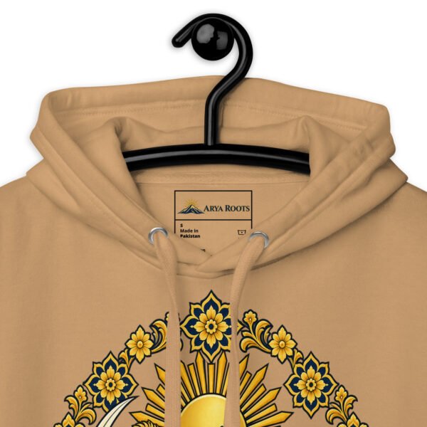Khaki Lion and Sun Map of Iran unisex hoodie, front with Lion and Sun medallion design