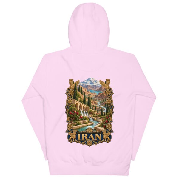 Persian Garden Iran unisex hoodie with ancient Persian columns before snowy mountains design