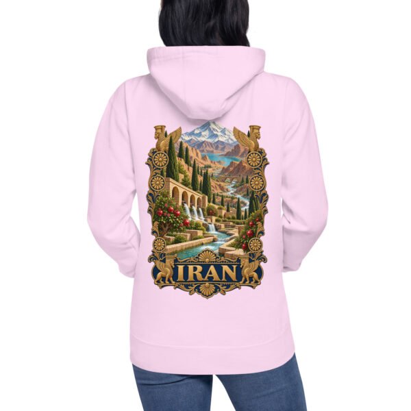 Persian Garden Iran unisex hoodie with ancient Persian columns before snowy mountains design