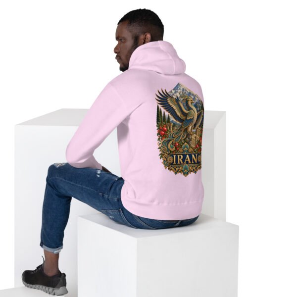 Simurgh Iran unisex hoodie with mountain valley with a stream, cypress trees and pomegranates design