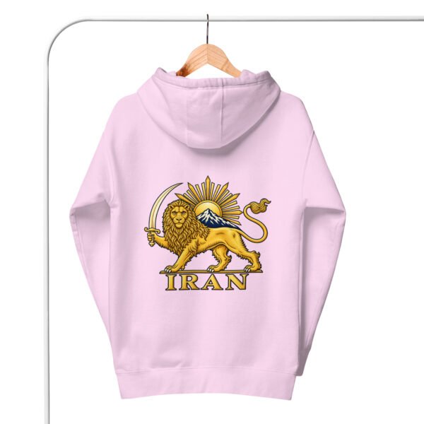 Lavender Lion and Sun Damavand unisex hoodie, back view with Lion and Sun emblem and IRAN design