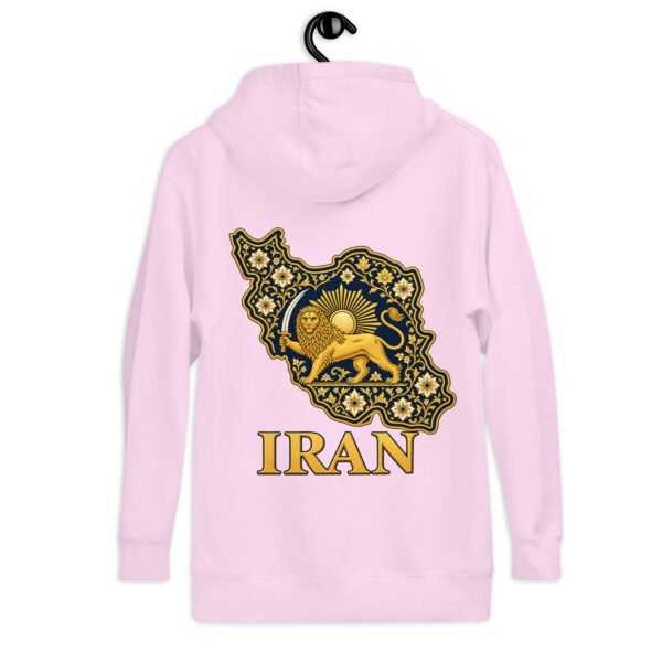 Lavender Lion and Sun Map of Iran unisex hoodie, back view with map of Iran with Persian tilework and Lion and Sun design