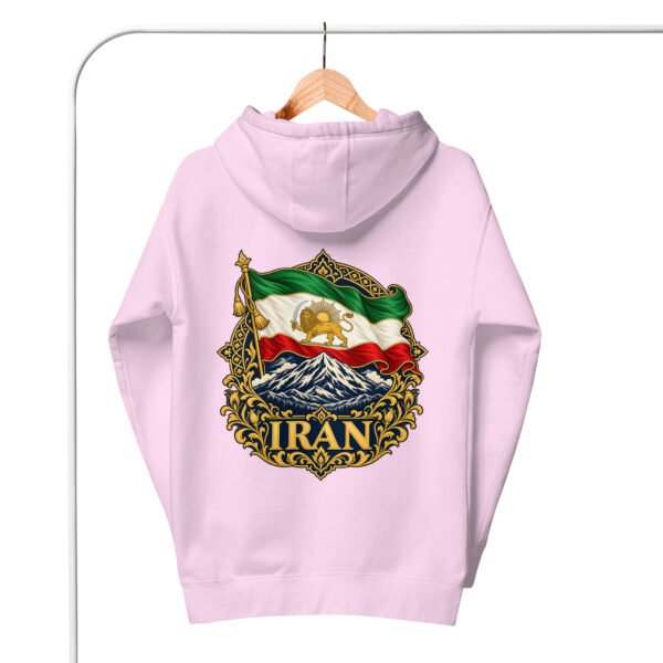 unisex-premium-pullover-hoodie-lavender-back-6acba6c36feb3.jpg Lavender Iran Lion and Sun Flag unisex hoodie, back view with Lion and Sun flag over Mount Damavand design