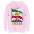Lavender Lion and Sun Flag unisex hoodie, back view with waving Lion and Sun flag over Mount Damavand design