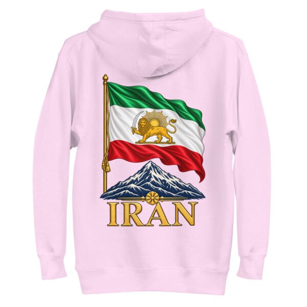 Lavender Lion and Sun Flag unisex hoodie, back view with waving Lion and Sun flag over Mount Damavand design