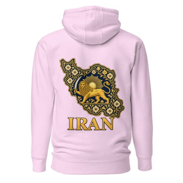 Lavender Reza Shah Lion and Sun unisex hoodie, back view with map of Iran with Persian tilework and Lion and Sun design