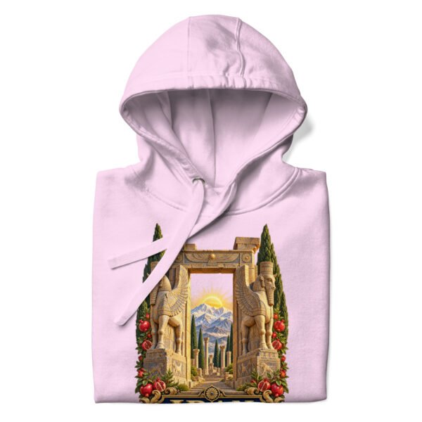 unisex-premium-pullover-hoodie-lavender-front-6acb94f83b3a5.jpg Gate of All Nations Iran unisex hoodie with Gate of All Nations with winged Lamassu guardians and rising sun design