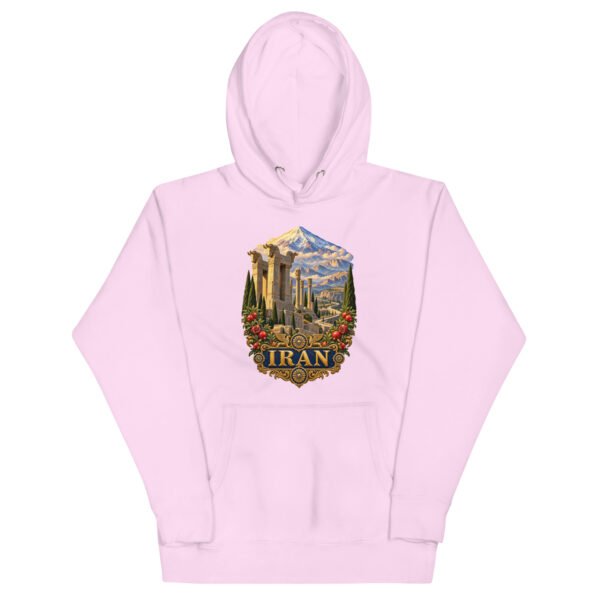 Persian Garden Iran unisex hoodie with ancient Persian columns before snowy mountains design