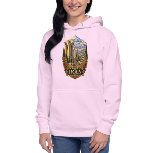 Persian Garden Iran unisex hoodie with ancient Persian columns before snowy mountains design