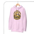 Lavender Lion and Sun Damavand unisex hoodie, front with golden Lion and Sun with Mount Damavand design