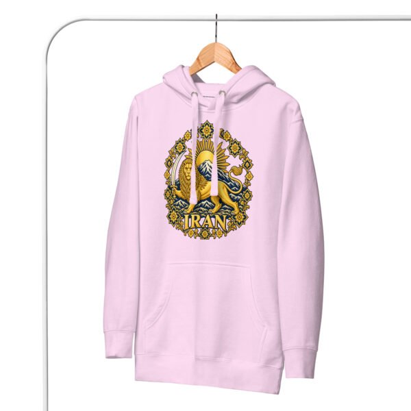Lavender Lion and Sun Damavand unisex hoodie, front with golden Lion and Sun with Mount Damavand design