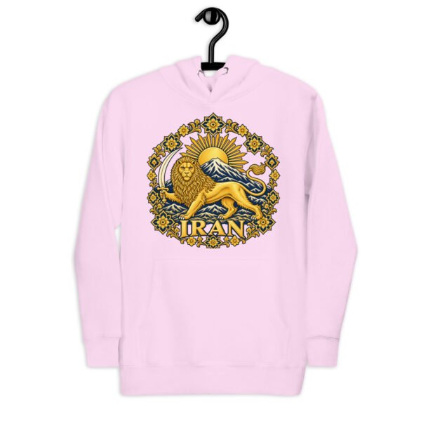 Lavender Lion and Sun Map of Iran unisex hoodie, front with Lion and Sun medallion design