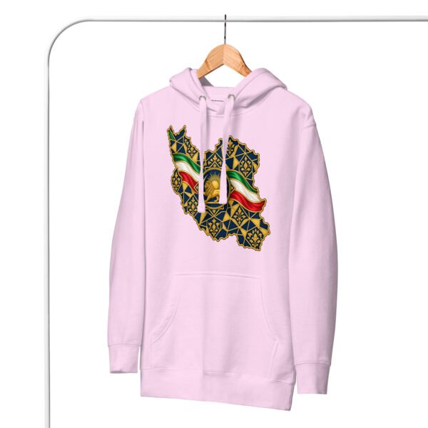 unisex-premium-pullover-hoodie-lavender-front-6acba6c36e933.jpg Lavender Iran Lion and Sun Flag unisex hoodie, front with map of Iran with tricolor ribbon and Lion and Sun design