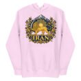 Lavender Lion and Sun Flag unisex hoodie, front with golden Lion and Sun crest with Damavand design