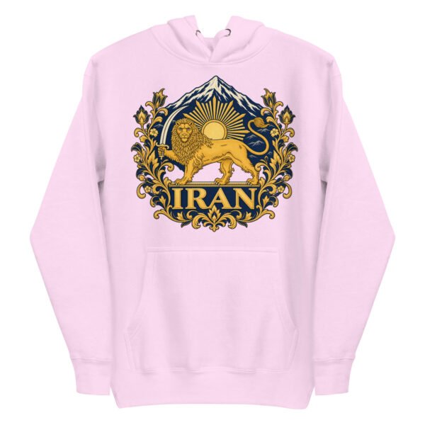 Lavender Lion and Sun Flag unisex hoodie, front with golden Lion and Sun crest with Damavand design