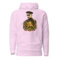 Lavender Reza Shah Lion and Sun unisex hoodie, front with Reza Shah portrait with Lion and Sun crest design
