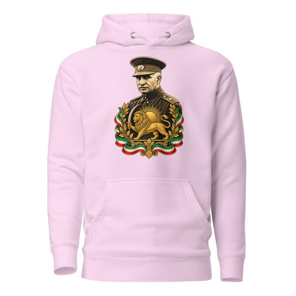 Lavender Reza Shah Lion and Sun unisex hoodie, front with Reza Shah portrait with Lion and Sun crest design