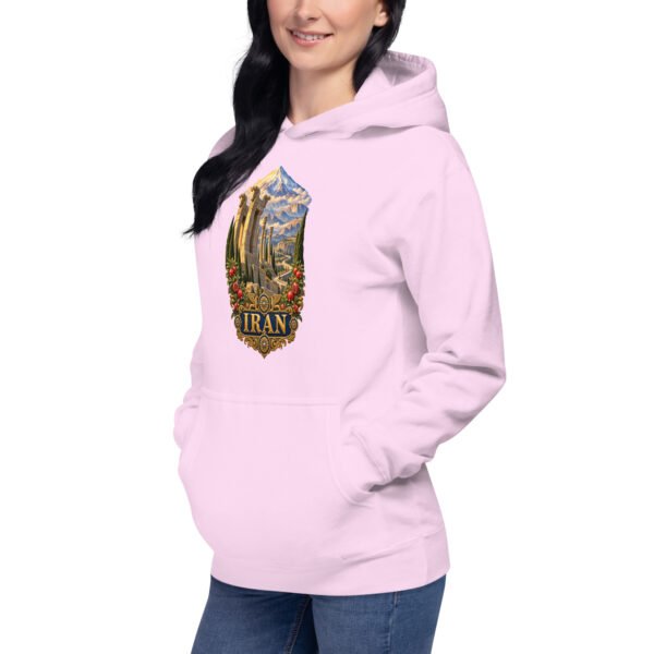Persian Garden Iran unisex hoodie with ancient Persian columns before snowy mountains design