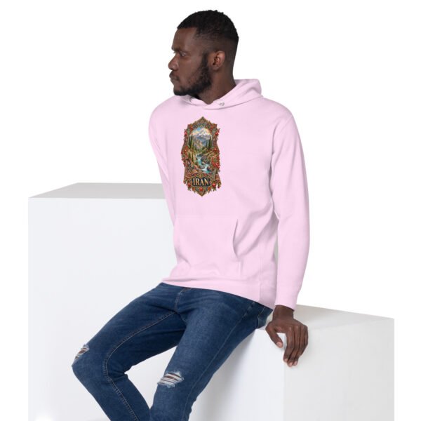 Simurgh Iran unisex hoodie with mountain valley with a stream, cypress trees and pomegranates design