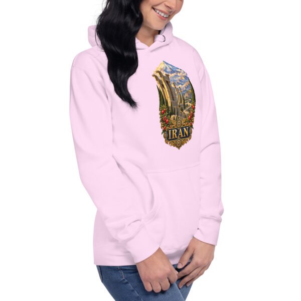 Persian Garden Iran unisex hoodie with ancient Persian columns before snowy mountains design