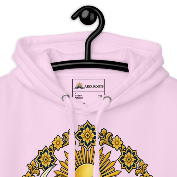 Lavender Lion and Sun Map of Iran unisex hoodie, front with Lion and Sun medallion design