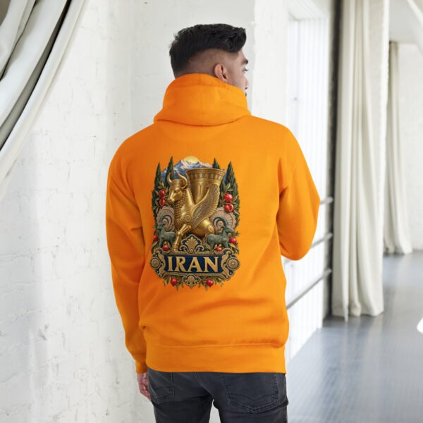 unisex-premium-pullover-hoodie-team-gold-back-6acb94f83cd7c.jpg Gold Gate of All Nations Iran unisex hoodie, back view with golden Achaemenid winged rhyton with ibex design