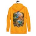 Gold Iranian Cheetah unisex hoodie, back view with Iran’s landscapes from Mount Damavand to the Persian Gulf design