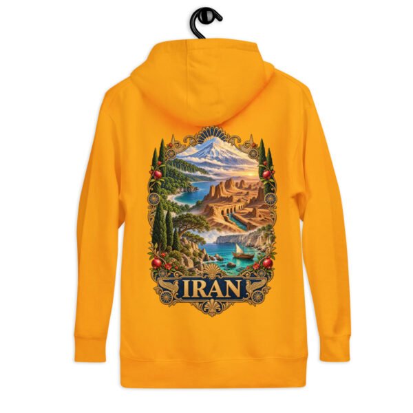 Gold Iranian Cheetah unisex hoodie, back view with Iran’s landscapes from Mount Damavand to the Persian Gulf design