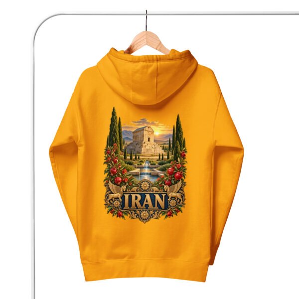 Gold Tomb of Cyrus Iran unisex hoodie, back view with Tomb of Cyrus the Great at Pasargadae at sunset design