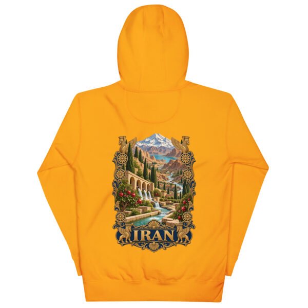 Gold Persian Garden Iran unisex hoodie, back view with Persian garden with flowing water channels and arches design