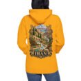 Gold Persian Garden Iran unisex hoodie, back view with Persian garden with flowing water channels and arches design