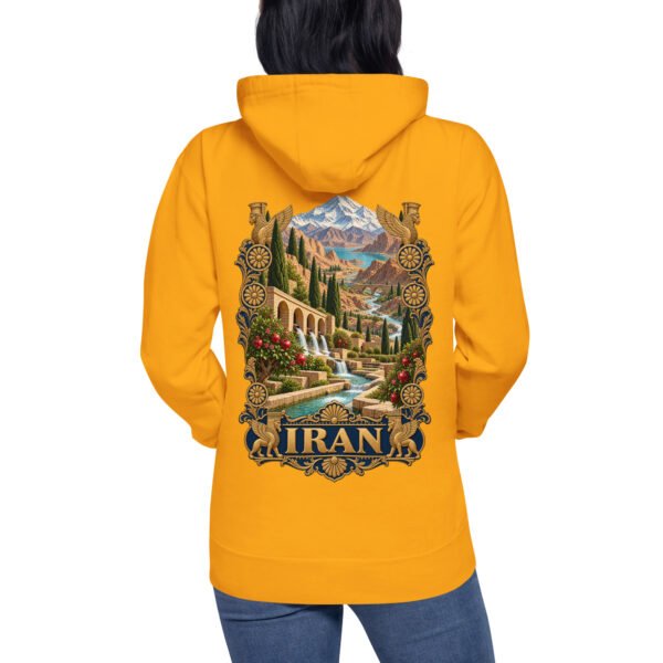 Gold Persian Garden Iran unisex hoodie, back view with Persian garden with flowing water channels and arches design