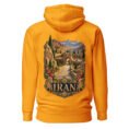 Gold Silk Road Iran unisex hoodie, back view with Persian caravanserai and camel caravan on the Silk Road design