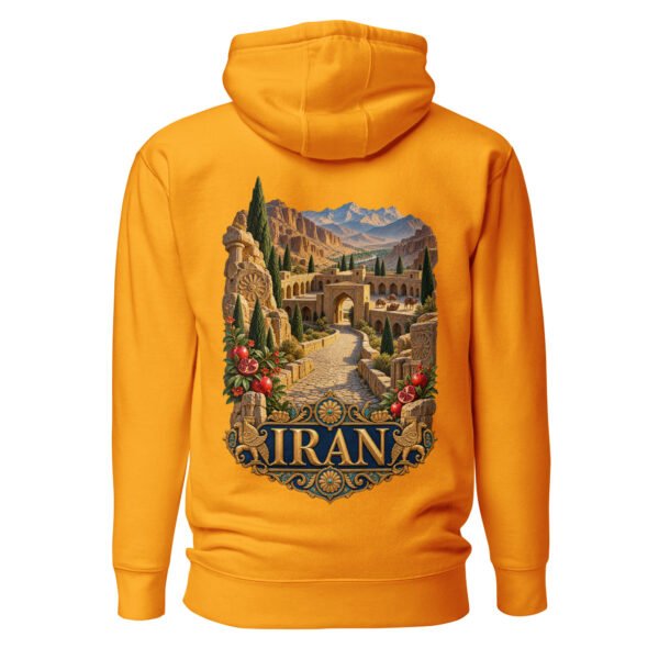Gold Silk Road Iran unisex hoodie, back view with Persian caravanserai and camel caravan on the Silk Road design